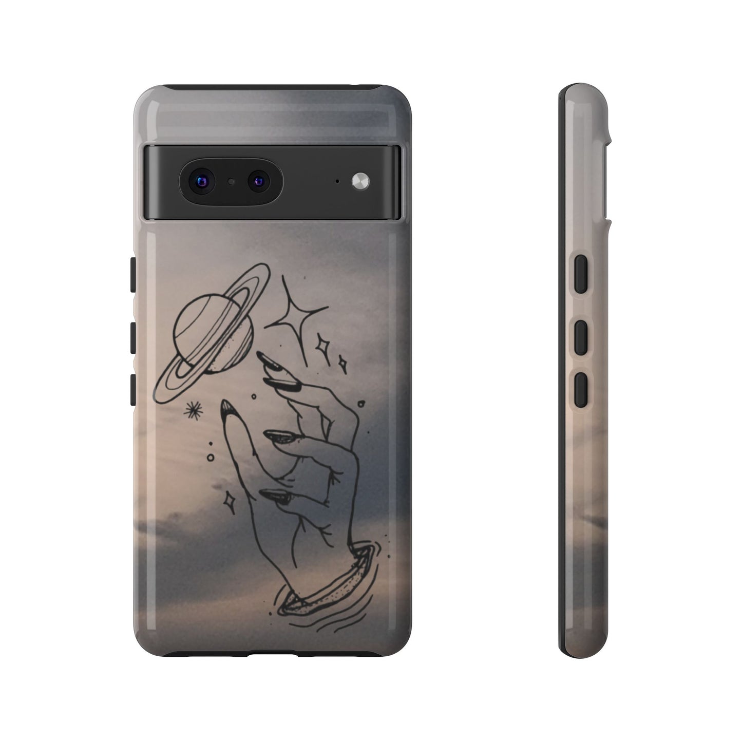 Celestial Hand Phone Case — Matte Sky Background with Saturn & Stars