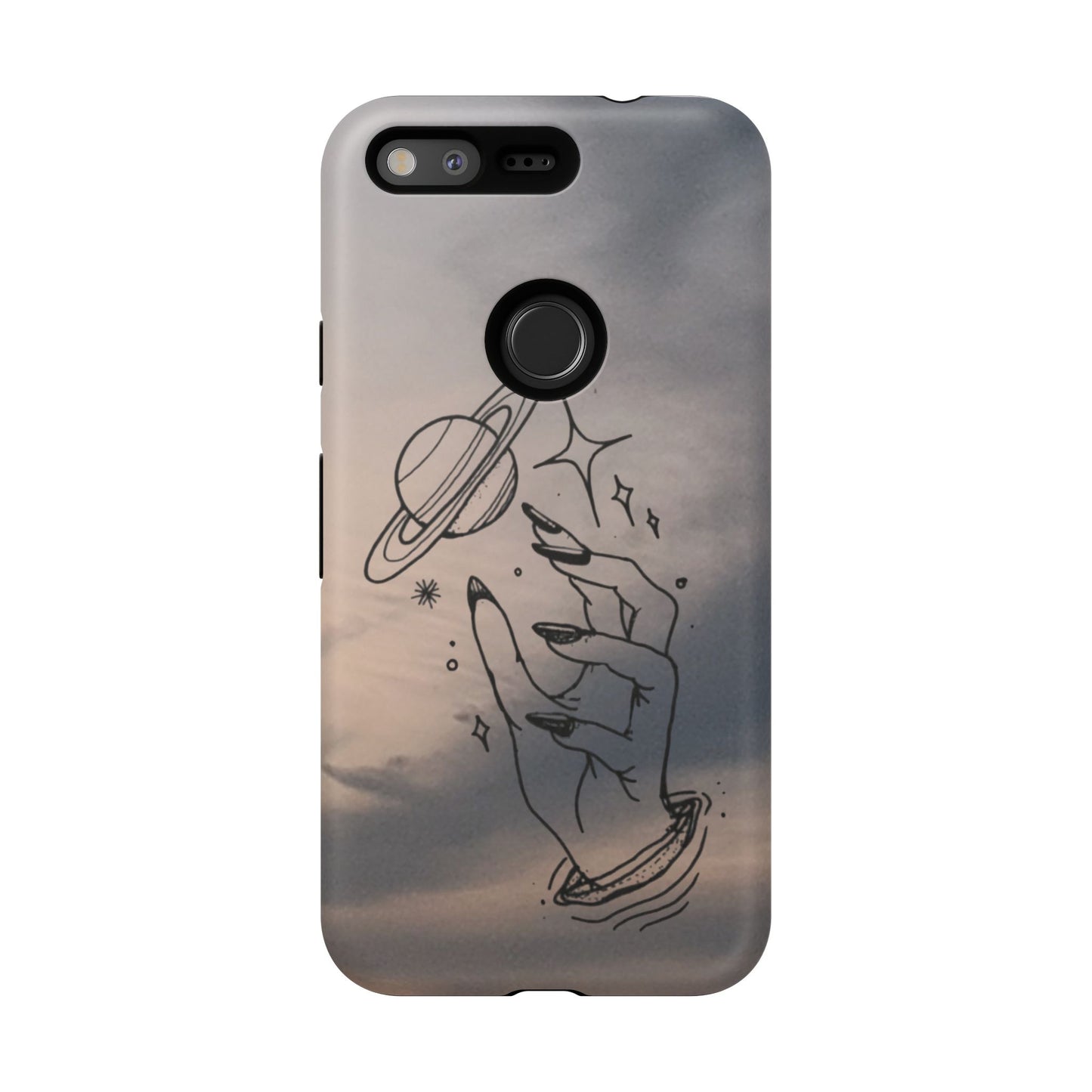 Celestial Hand Phone Case — Matte Sky Background with Saturn & Stars