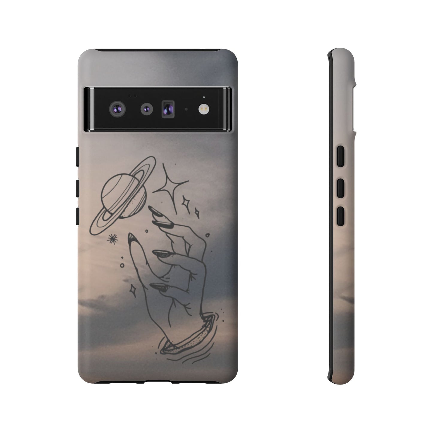 Celestial Hand Phone Case — Matte Sky Background with Saturn & Stars
