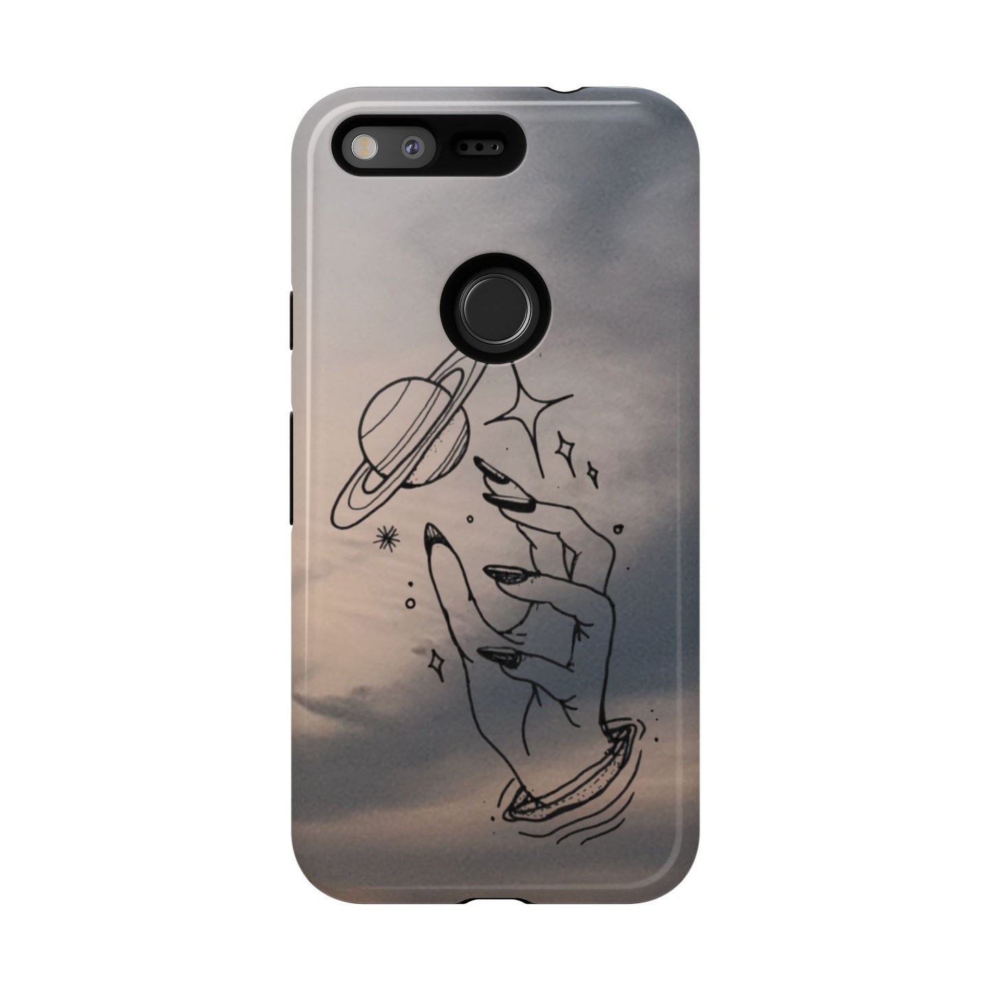 Celestial Hand Phone Case — Matte Sky Background with Saturn & Stars
