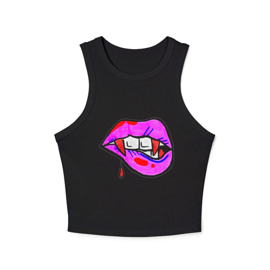 Vampire Bite Crop Tank Top — Neon Lip Graphic with Dripping Blood