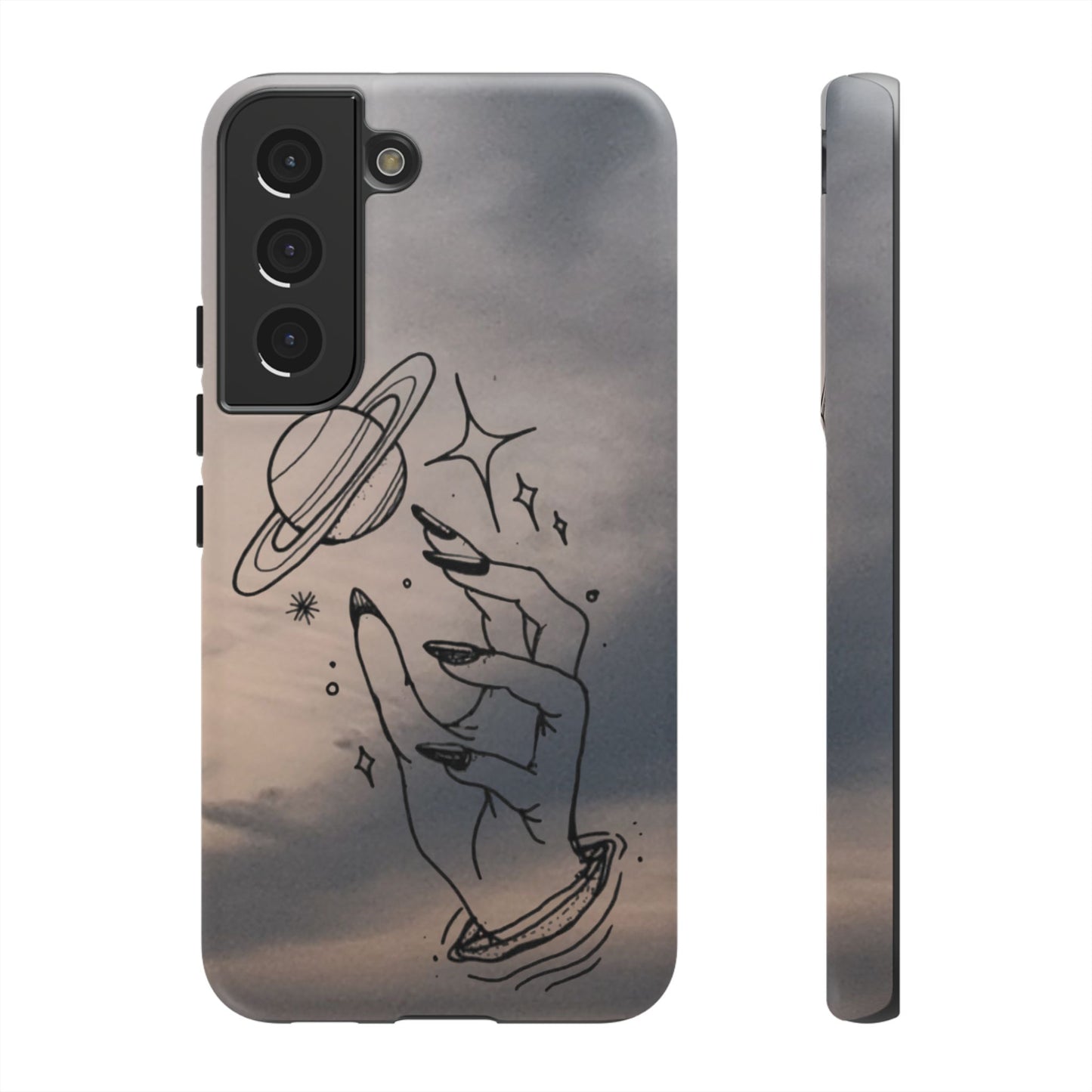Celestial Hand Phone Case — Matte Sky Background with Saturn & Stars