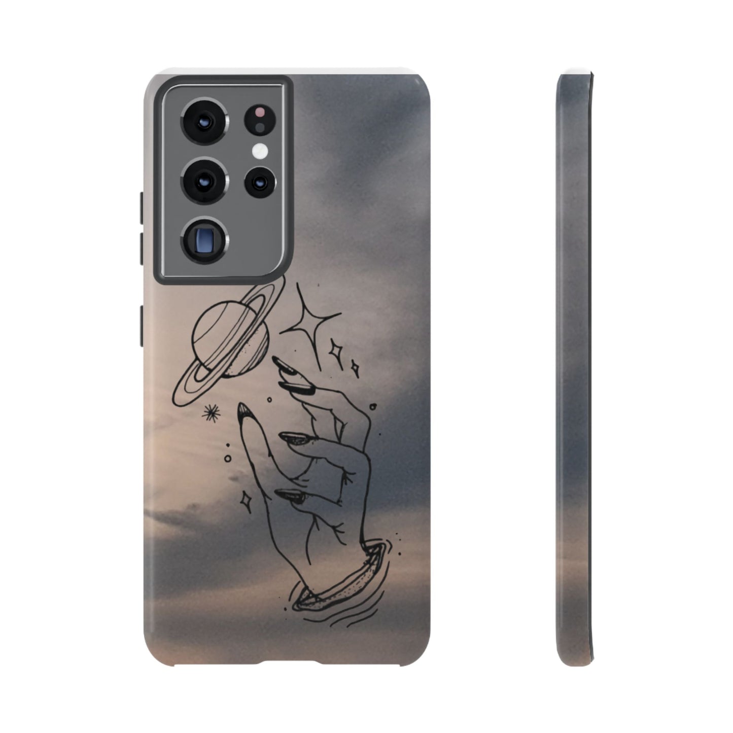 Celestial Hand Phone Case — Matte Sky Background with Saturn & Stars