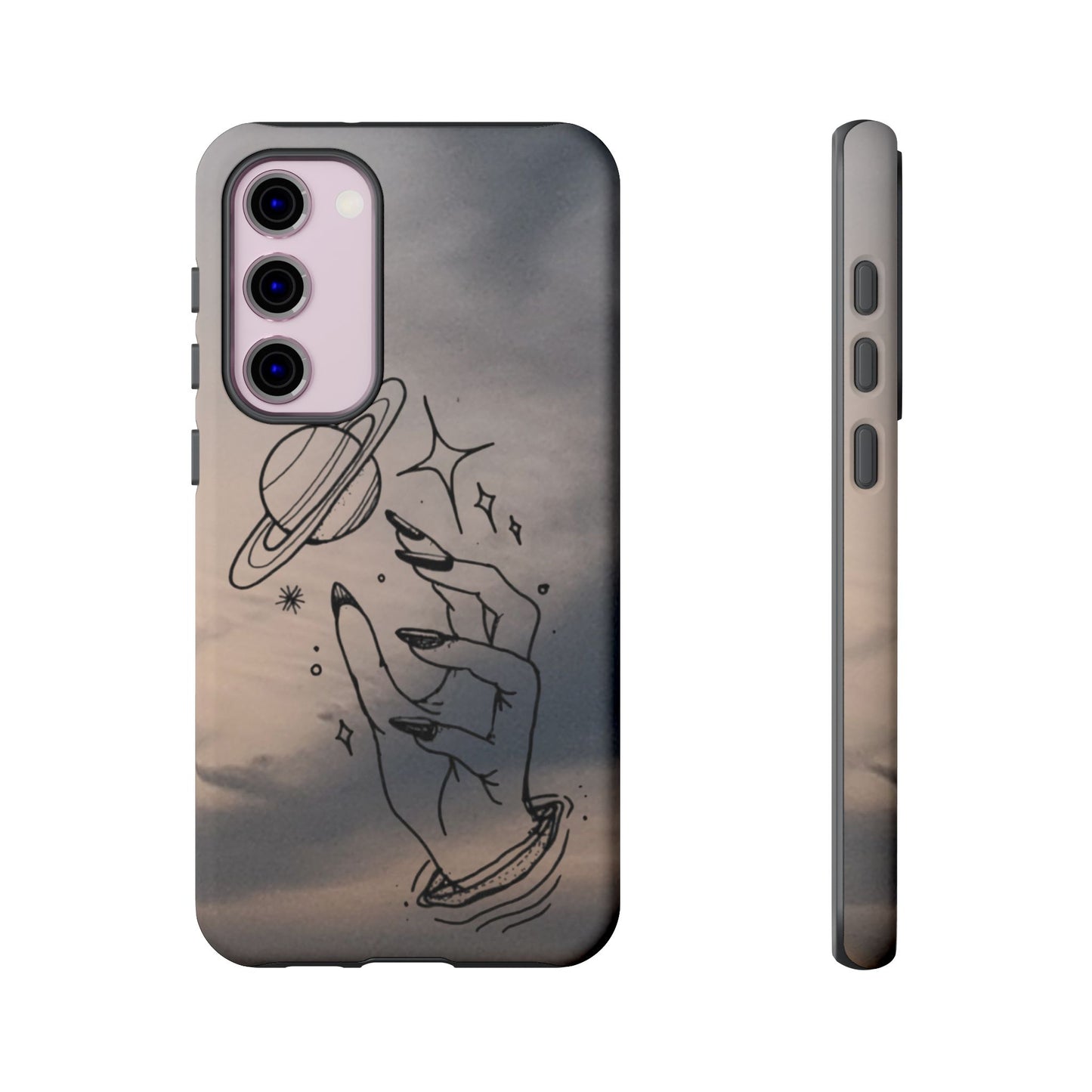 Celestial Hand Phone Case — Matte Sky Background with Saturn & Stars