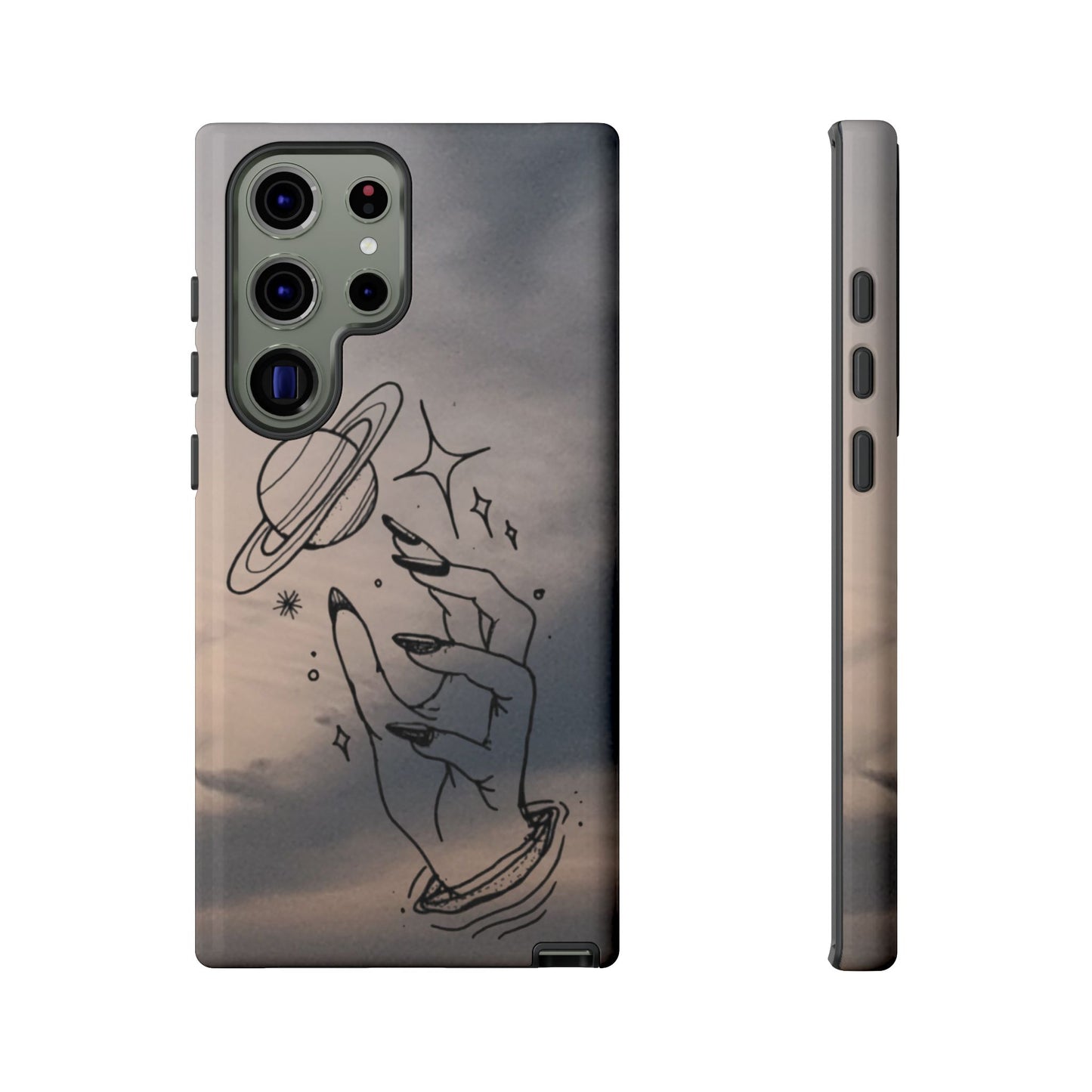 Celestial Hand Phone Case — Matte Sky Background with Saturn & Stars