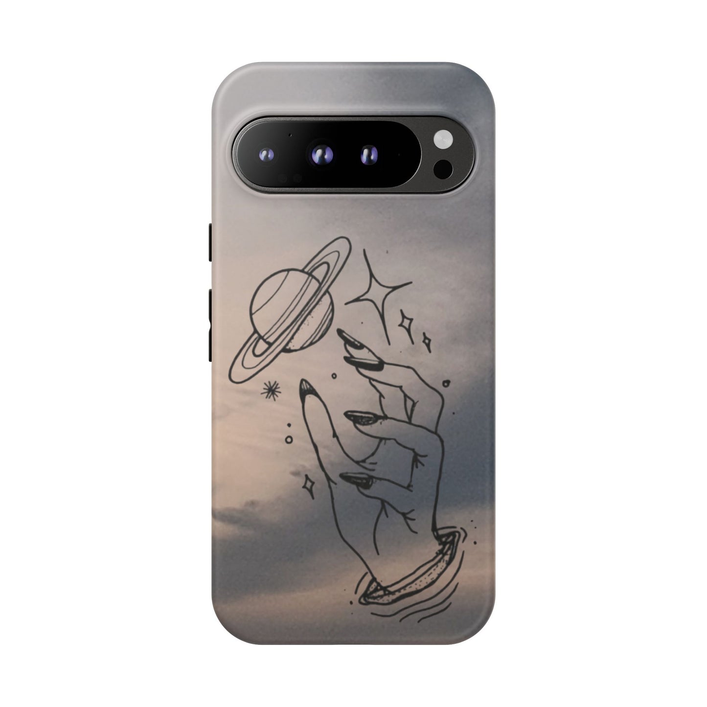 Celestial Hand Phone Case — Matte Sky Background with Saturn & Stars