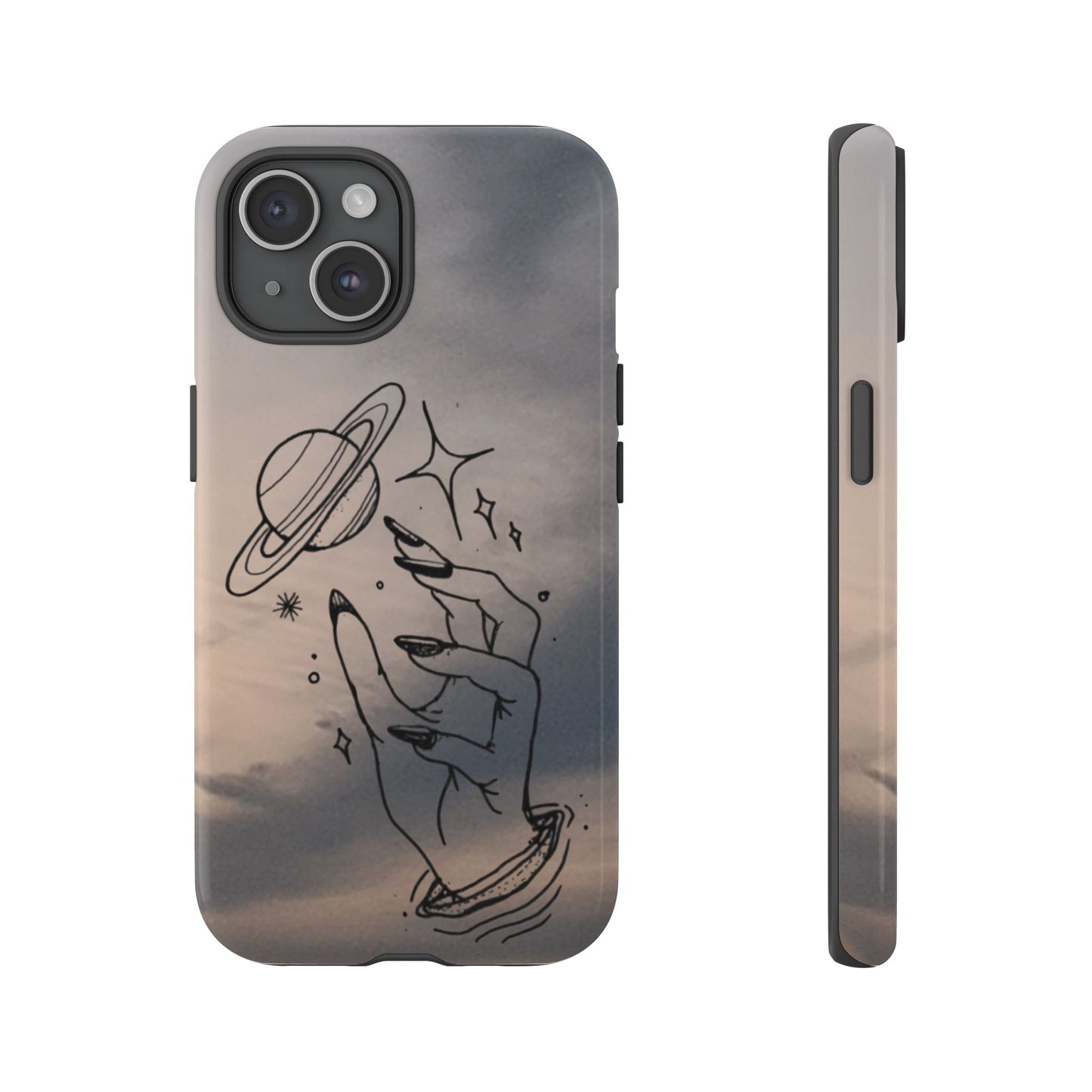 Celestial Hand Phone Case — Matte Sky Background with Saturn & Stars