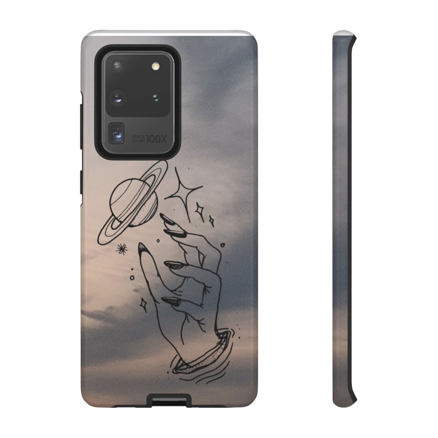 Celestial Hand Phone Case — Matte Sky Background with Saturn & Stars